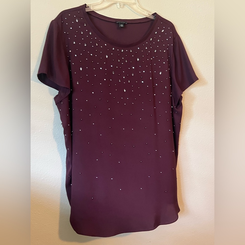 ANN TAYLOR Holiday Marron Rhinestone Short Sleeved Blouse Size XXL